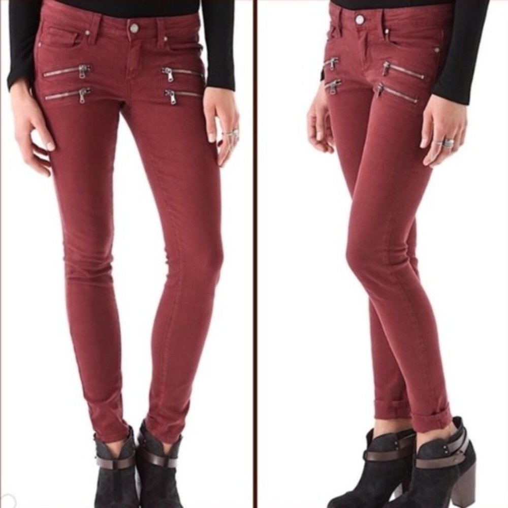 PAIGE Edgemont Ultra Skinny Moto Jeans in rare Brick Red color, Size 25